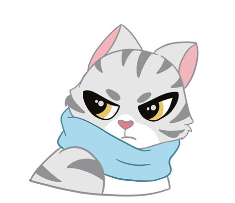 The Upset American Shorthair Cat And Light Blue Scarf Is Showing Bad Mood Face And Doodle Art