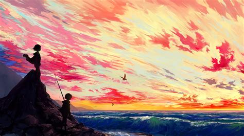 Download 3840x2160 Anime Landscape Scenic Sunset Illustration
