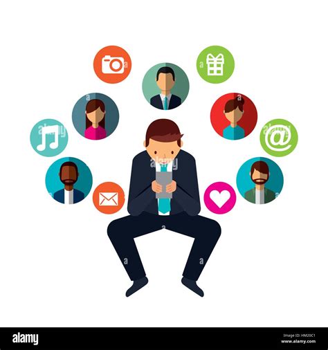 Man Cartoon With Social Media Icons Around Over White Background Stock