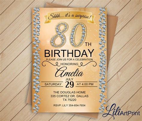 Brilliants 80th Birthday Invitation Surprise Birthday Invitation Any