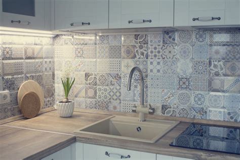 White Kitchen With Patchwork Tile Stock Photo Image Of Residential
