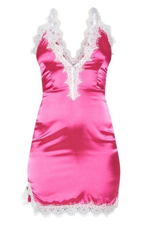 Hot Pink Satin Lace Insert Dress Dresses Prettylittlething Ca