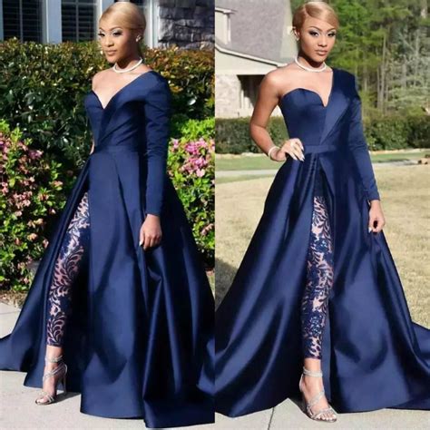 2019 Modest Blue Jumpsuits Prom Dresses Detachable Skirt Two Pieces