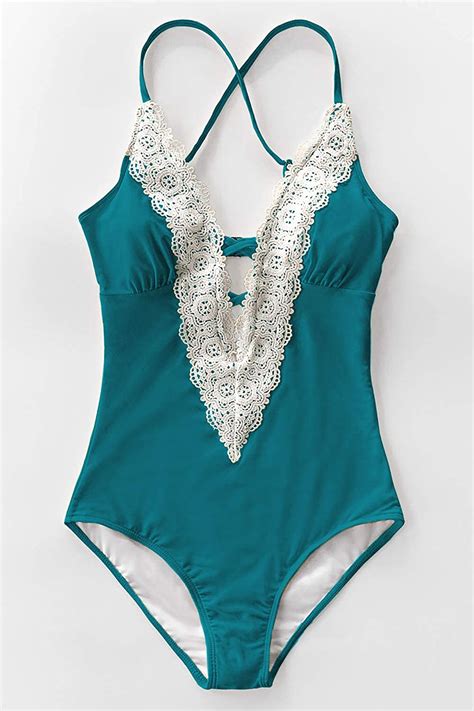 Cupshe Womens Wish You Well Lace One Piece Swimsuit Beach Teal Size