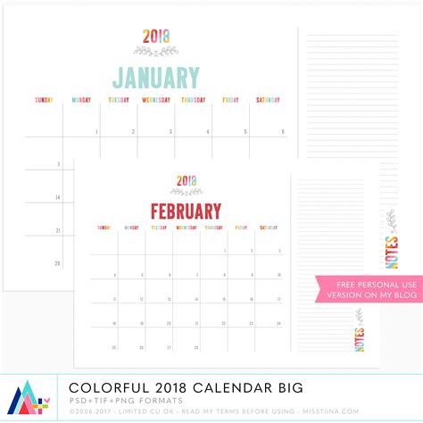 Colorful 2018 Big Calendar ·cu· By Miss Tiina Free Printables
