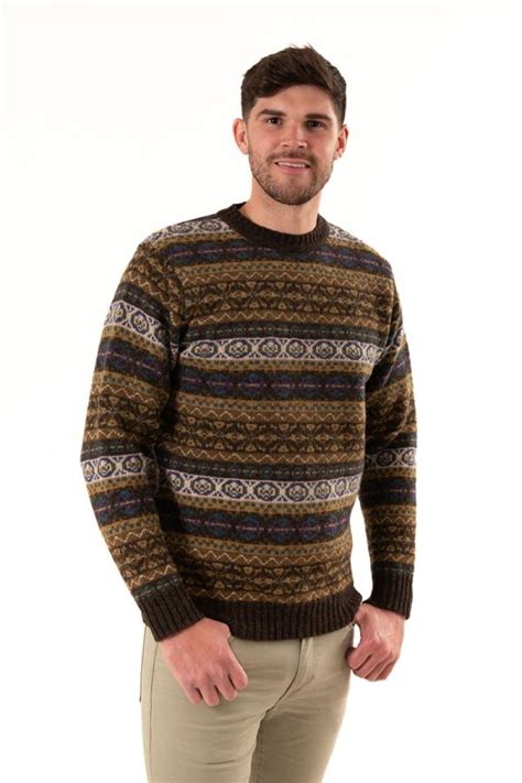 Mens Fair Isle Jumper In Olive Brown Drumtochty Pattern Made In