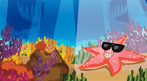 Underwater Scene With Starfish Cartoon Character And Tropical Coral