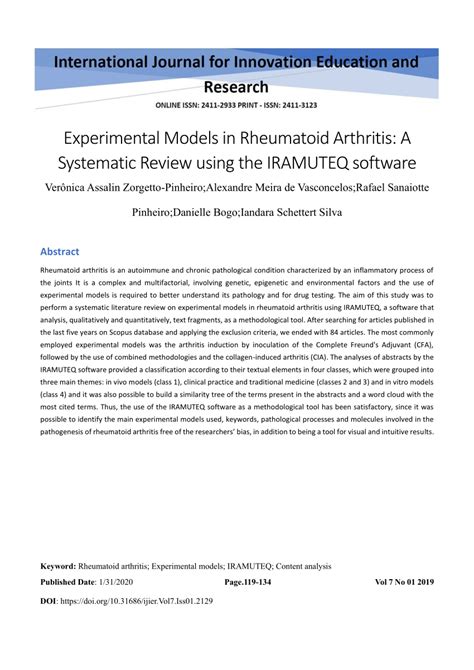 Pdf Experimental Models In Rheumatoid Arthritis A Systematic Review