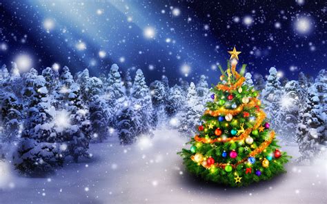 Wallpaper Beautiful Christmas Tree In The Winter Forest Lights Snow