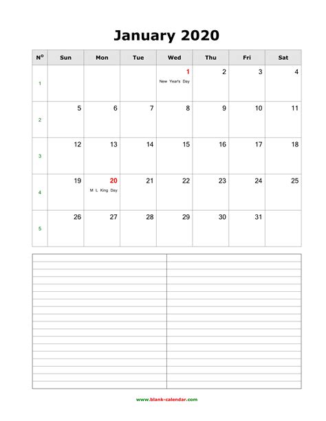 Download Blank Calendar 2020 With Space For Notes 12 Pages One Month