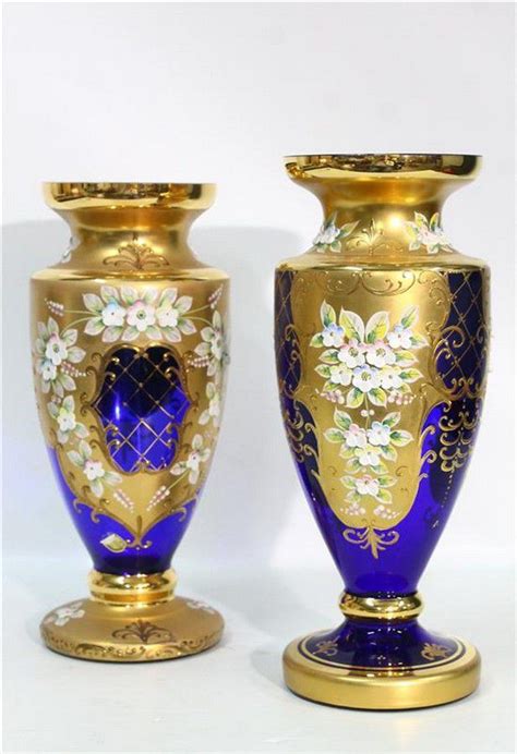 Blue Venetian Glass Vases With Floral Relief Enamel Venetian Murano Glass