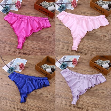 gay men underwear sissy sexy low rise thongs and g strings satin fancy ruffle briefs playful
