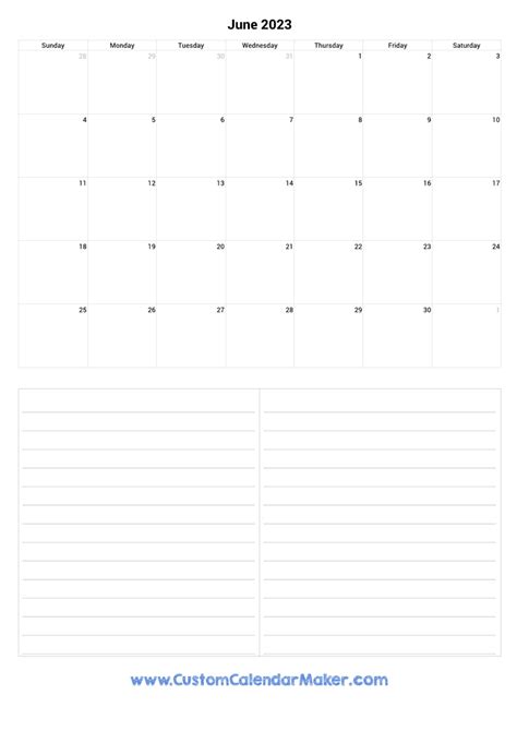 June 2023 Monthly Calendar Portrait Template With Notes
