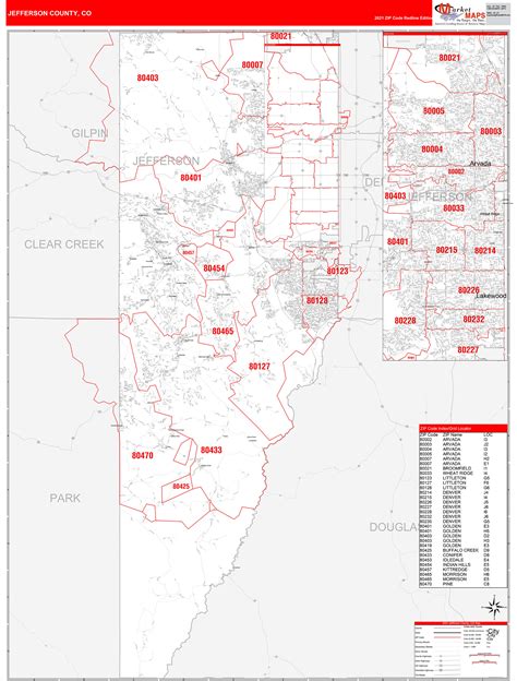 Jefferson County Co Zip Code Wall Map Red Line Style By Marketmaps