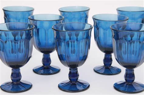 Antique Blue Colored Glass Water Goblets Wine Glasses Gibraltar Style Heavy Stemware