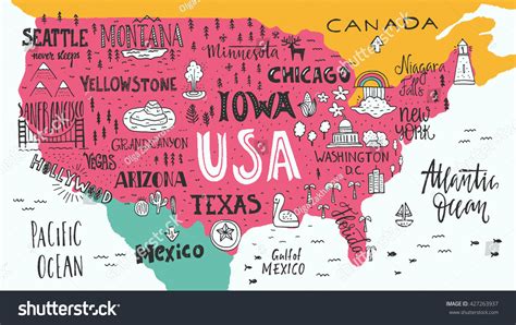 Hand Drawn Illustration Of Usa Map With Hand Lettering Names Of States