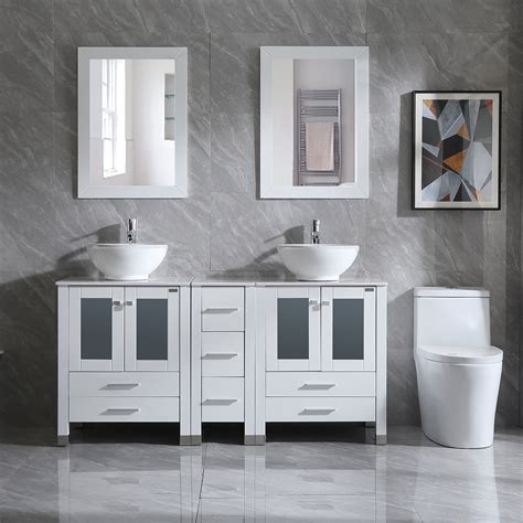 Wonline 60 Inches Double Bathroom Wood Vanity Set White Bathroom