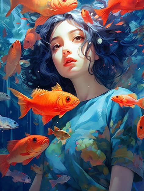 Premium Ai Image Girl In Water With Golden Fish