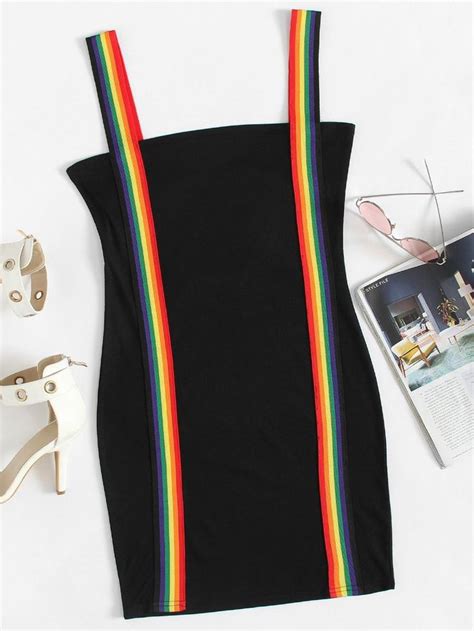 rainbow stripe tape detail dress shein sheinside rainbow outfit rainbow stripes dress details