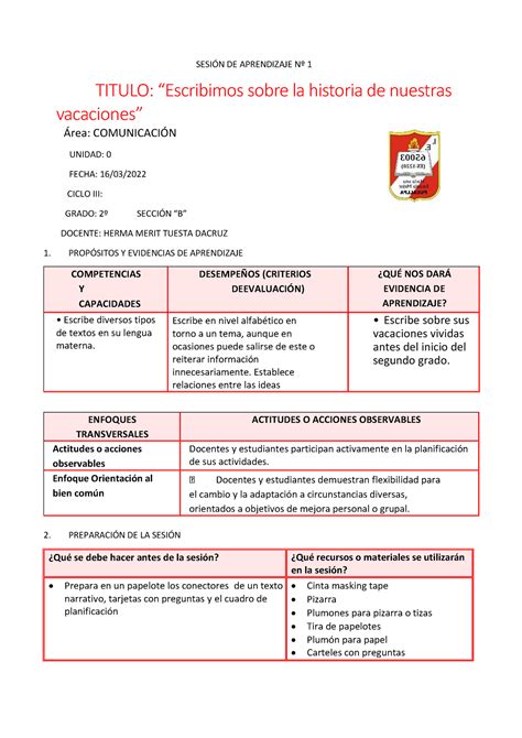 Sesi N De Aprendizaje N Comunicacion Do Grado Sesi N De Aprendizaje N Titulo