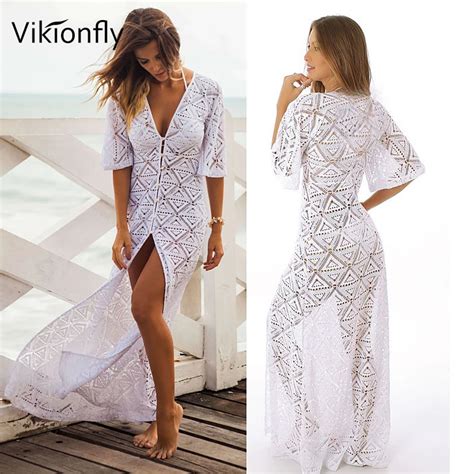vikionfly white crochet cover up beach women long lace sheer summer beach dress swimsuit bathing