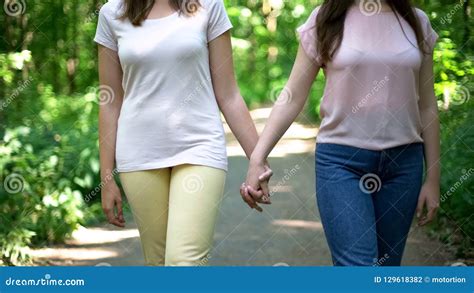 Lesbian Couple Walking Together Holding Hands Free Choice Of Love No
