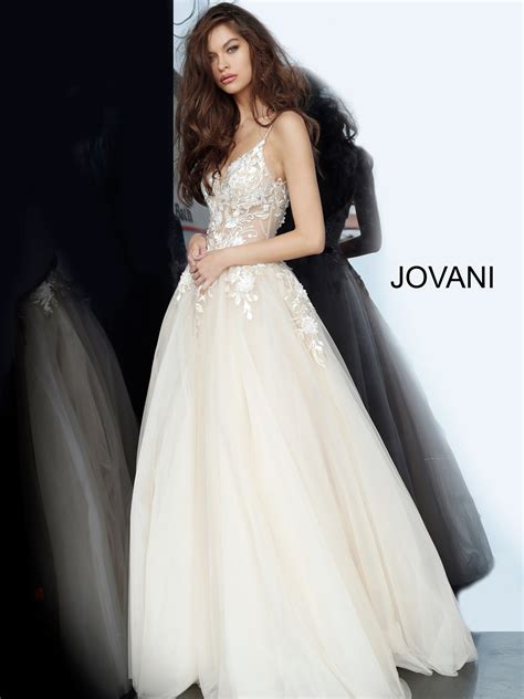 Jovani Nude Floral Applique Plunging Neck Prom Gown