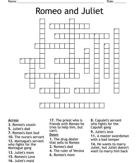 Romeo And Juliet Crossword Wordmint