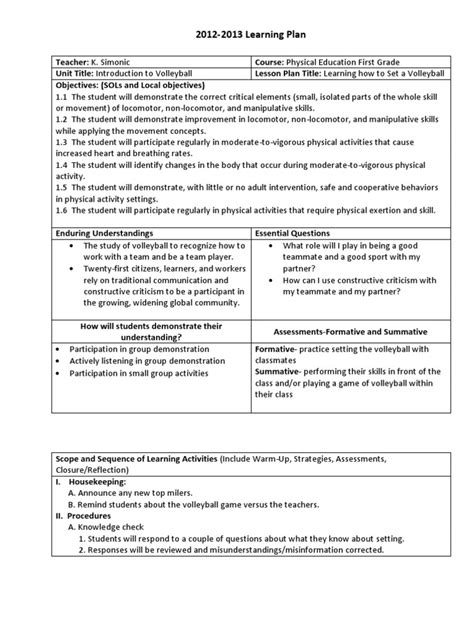 Lesson Plan Volleyball Setting Pdf Lesson Plan Volleyball