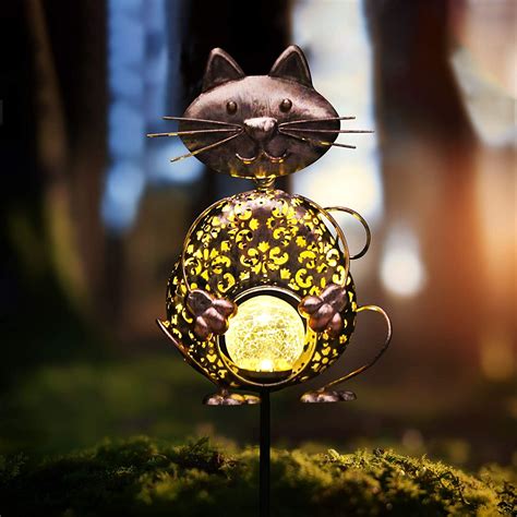 Solar Lights Outdoor Garden Lantern Ornament Metal Stakes Cat Cracked
