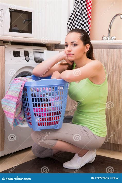 Young Wife Woman Washing Clothes Near Machine Stock Image Image Of