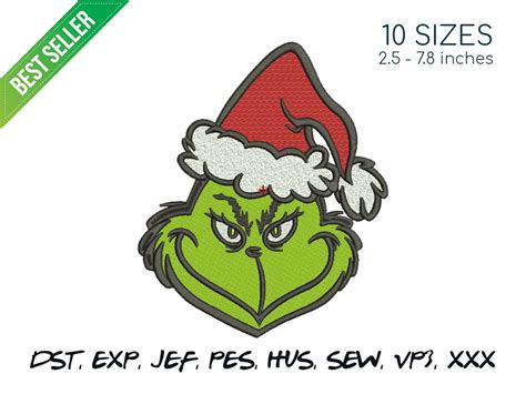 Grinch Face Machine Embroidery Design Christmas Embroidery Etsy