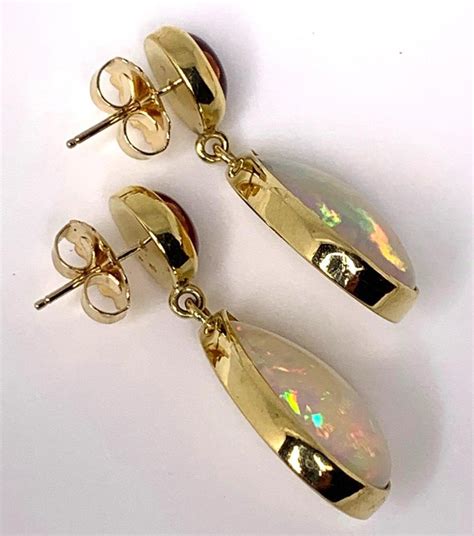 Opal and Tourmaline Cabochon Dangle Earrings 18 Karat Yellow Gold For