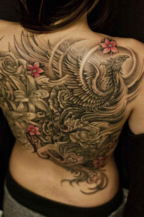 Full back tattoo ideas for women. Full-back-black-and-grey-Phoenix-and-Flowers-tattoo ...
