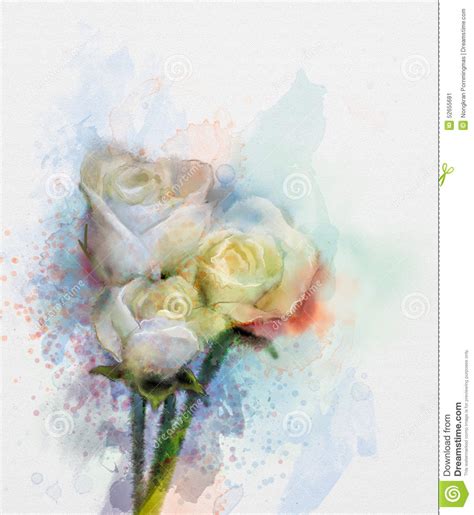 White Roses Flowers Painting In Pastel Color With Light