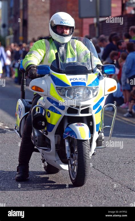 Police Motorcyclist Police Motorbike In Britain Uk Stock Photo