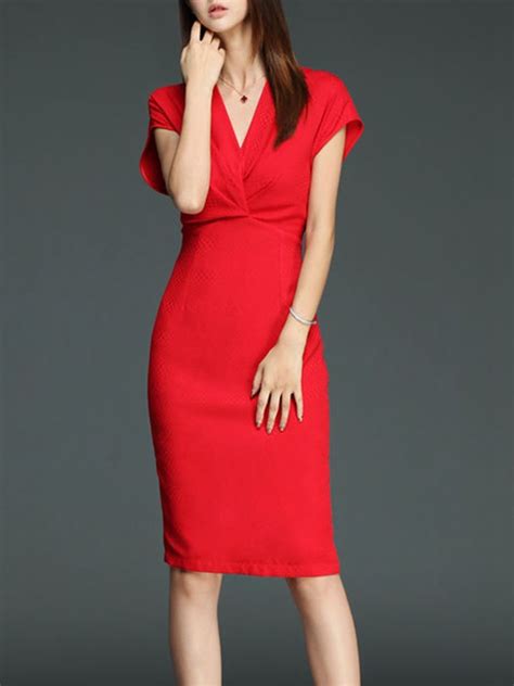 Red V Neck Polyester Casual Midi Dress SexyPlus Midi Dress Casual