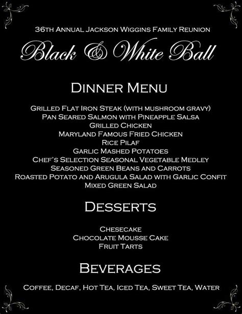 Black And White Ball Formal Banquet Dinner Menu Dinner Menu Menu