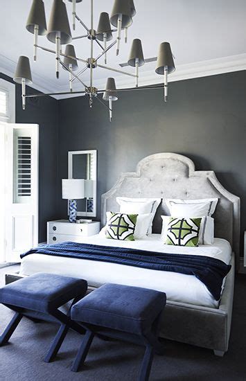 I'm thinking of painting the wallpaper to keep the texture when i update the room to navy blue and gray. Greg Natale design. Charcoal walls, light grey upholstered ...