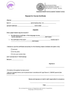 Fillable Online Unibz Request For Course Certificate Unibz Fax Email