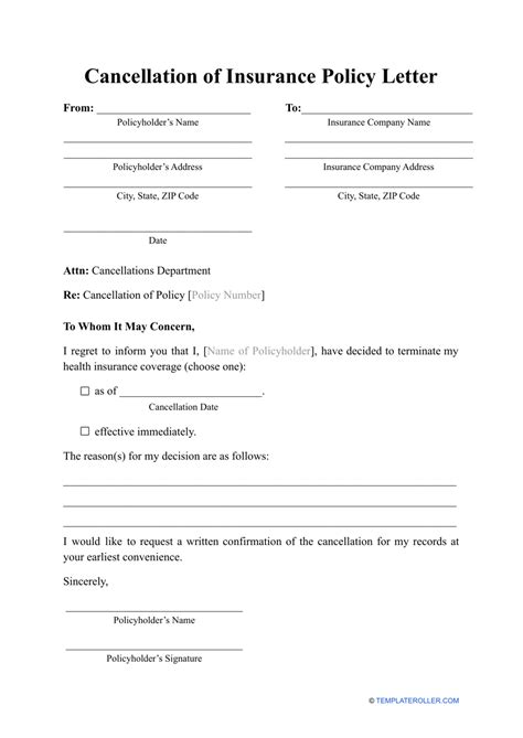 Cancellation of Insurance Policy Letter Template Download Printable PDF
