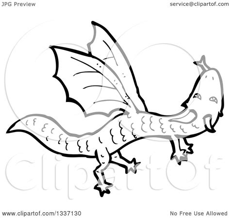 Lineart Clipart Of A Black And White Dragon Royalty Free