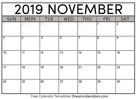 2019 November Calendar Printable Calendar