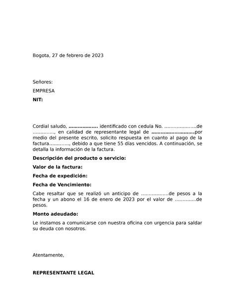 Formato Carta Cobro Factura Vencida Bogota 27 De Febrero De 2023