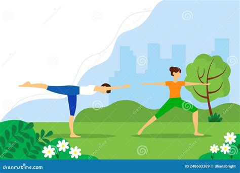 Man And Woman Doing Yoga Together In The Park Illustration Of The