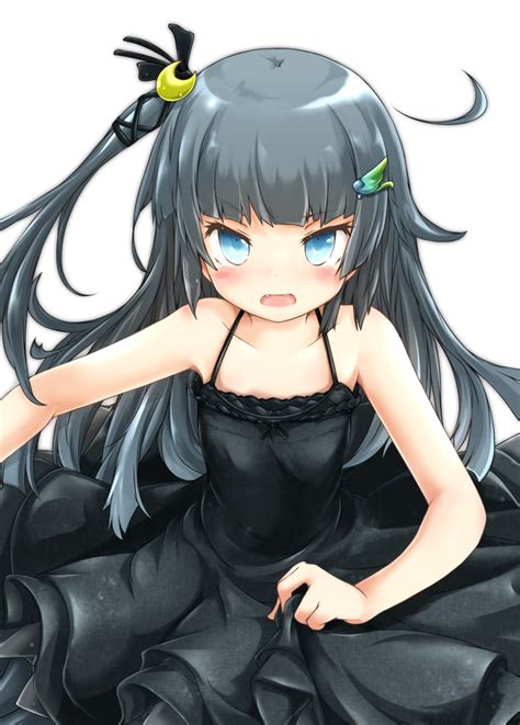 Safebooru 1girl Akino Coto Black Dress Black Hair Blue Eyes Blush Dress Fang Hair Ornament
