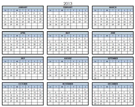 2013 Printable Pdf One Page Calendar Yearly My Excel Templates