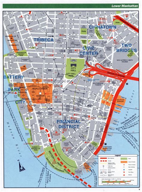 Large Detailed Road Map Of Lower Manhattan Nyc New York Usa