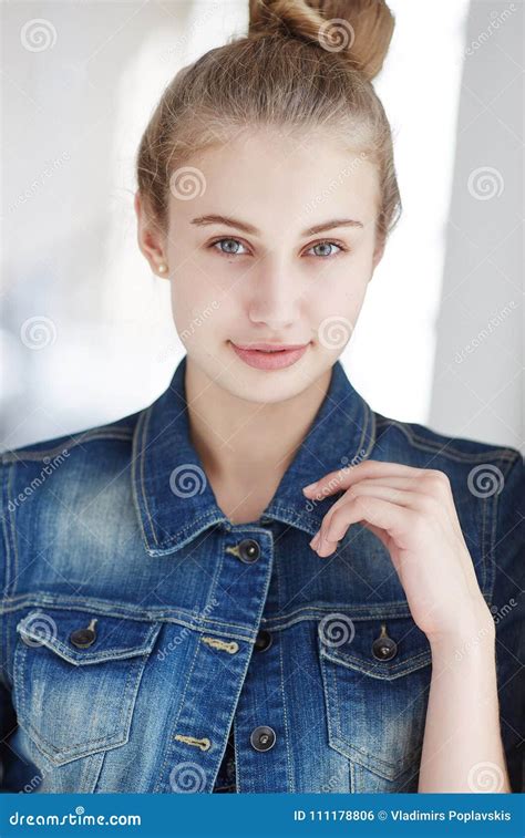 Blond Female Dressed In A Denim Jacket Stock Photo Image Of Adult Atmosphere