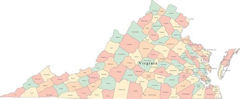 Multi Color Virginia Map With Counties And County Names